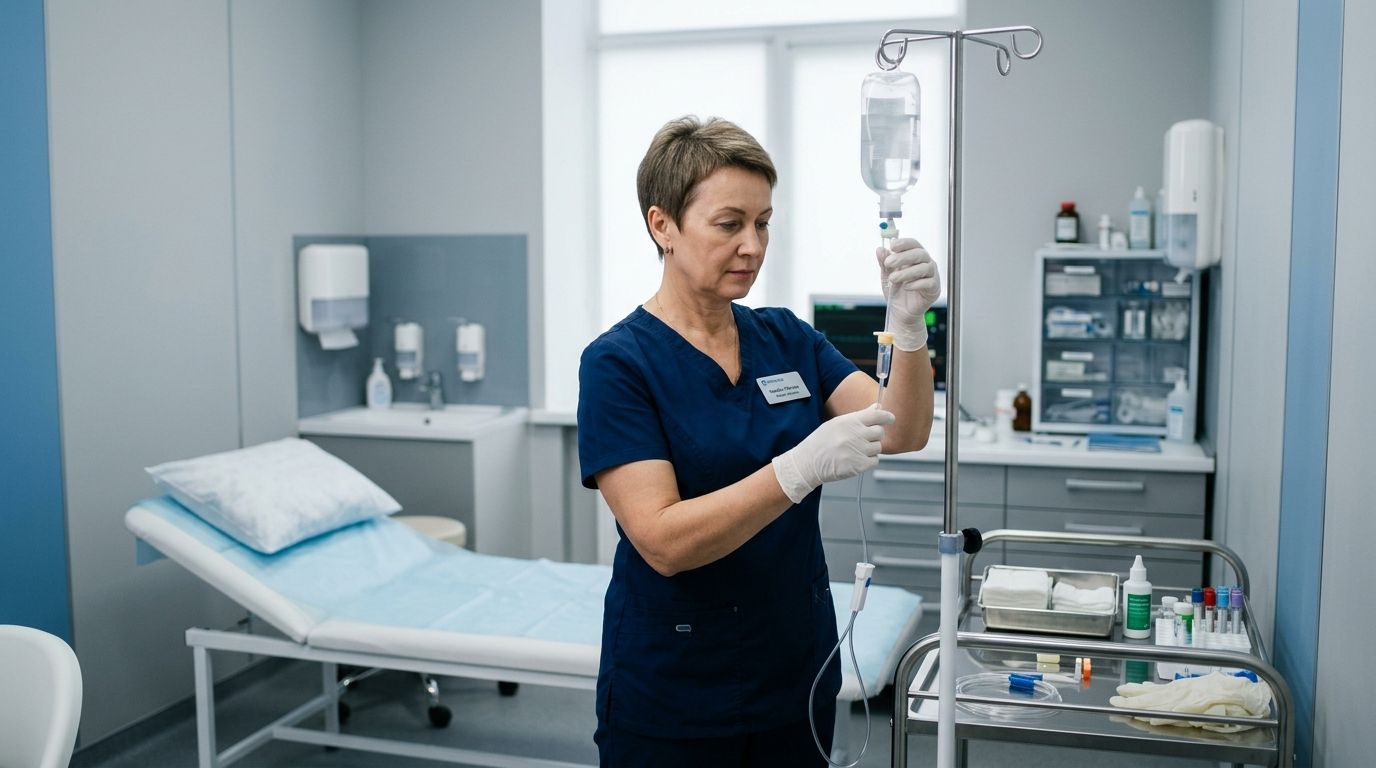 Капельницы с Нейроксом для защиты мозга Медсестра готовит капельницу в процедурном кабинете